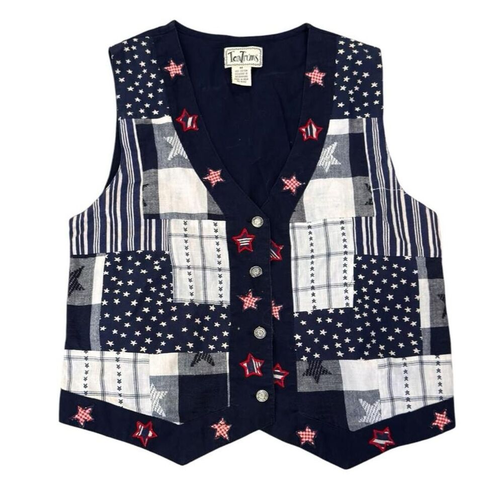 Tantrums American Flag Patchwork Cotton Vest Red Stars Memorial Day Size: Medium